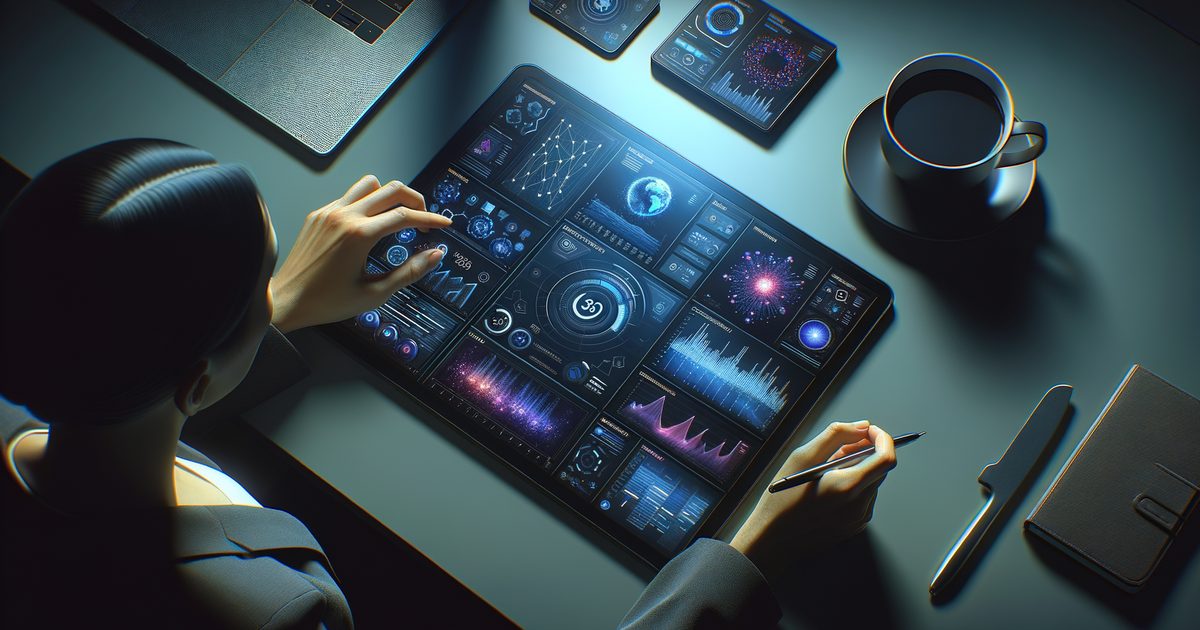 Professional analyzing business data visualizations on tablet — AI-powered tools for SMEs